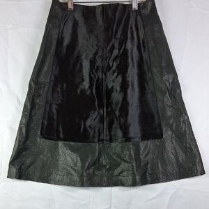 Club Monaco Lamb Leather/Calf Fur Black Leather A-Line Skirt